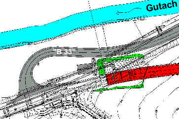 Plan Nordportal: Änderung des Straßenverlaufs, Baustelleneinrichtung, Voreinschnitt Nord